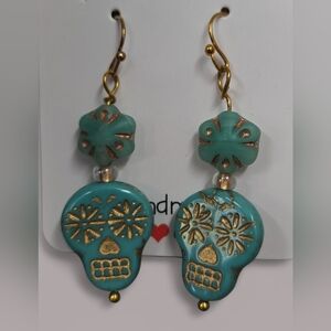 Handmade Turquoise Czech Glass Sugar Skull Earrings w/Gold Accents & Clear Beads